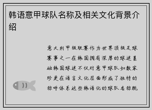 韩语意甲球队名称及相关文化背景介绍