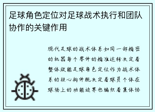 足球角色定位对足球战术执行和团队协作的关键作用